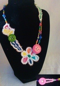 Necklace Made From Patches, Buttons, And Beads