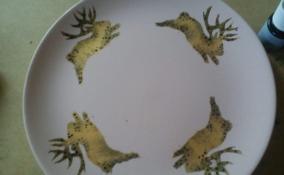 Stencil On Plates With Jackalope.