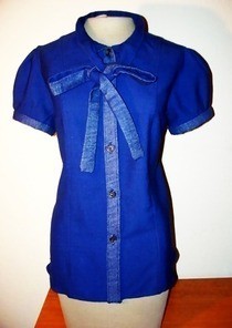 Bow Tie Blouse W/ Denim Accents