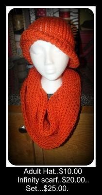 Orange, Hat And Infinity Scarf...Hat Made On Kk Yellow Round And Scarf On Red Long Rake Loom....