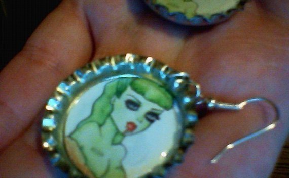 Zombie Girl Bottle Cap Earrings.
