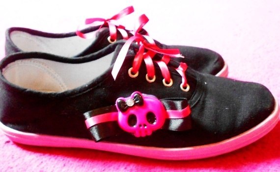 Girly Skull Pink Bow Ribbon Shoes :D