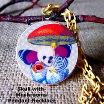 Pendant Necklace   Vintage Skull With Mushroom