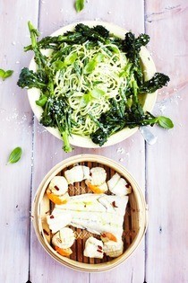 Pesto Spaghetti with Lemon-Steamed Fish
