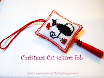 Christmas Cat Cross Stitched Scissor Fob