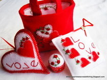 Felt Bag With Pretty Pillows And Bottlecap Pincushion