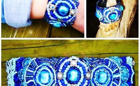 Bead Embroidery Bracelet In Blue
