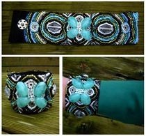 Bead Embroidery Bracelet In Green, Blue, White And Black