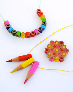 DIY: Colored Pencil Jewelry .  Free tutorial with pictures on how to make a recycled necklace in under 30 minutes by jewelrymaking with thread, super glue, and colored pencil. How To posted by Kate L. Difficulty: Simple. Cost: Cheap. Steps: 8