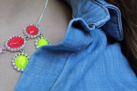 Turn a cheap and tacky piece off jewelry into a trendy neon statement piece! .  Free tutorial with pictures on how to recycle a necklace with nail polish in under 20 minutes by decorating and jewelrymaking with necklace, nail polish remover, and q tip. How To posted by Célèste B. Difficulty: Simple. Cost: Cheap. Steps: 3