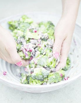 The Green Kitchen .  Free tutorial with pictures on how to cook a broccoli salad in under 20 minutes by cooking with broccoli, red onion, and pomegranate. Recipe posted by Hardie Grant. Difficulty: Simple. Cost: Cheap. Steps: 3