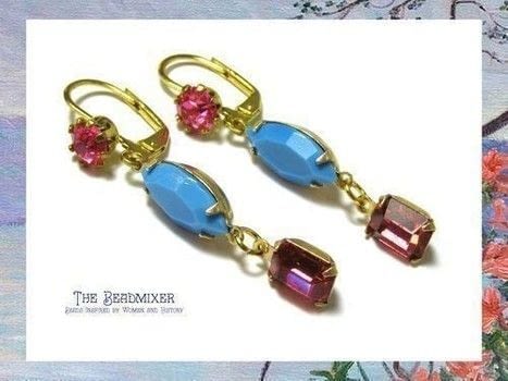 Medium 500px oorbellen met turquoise en roze vintage puntstenen