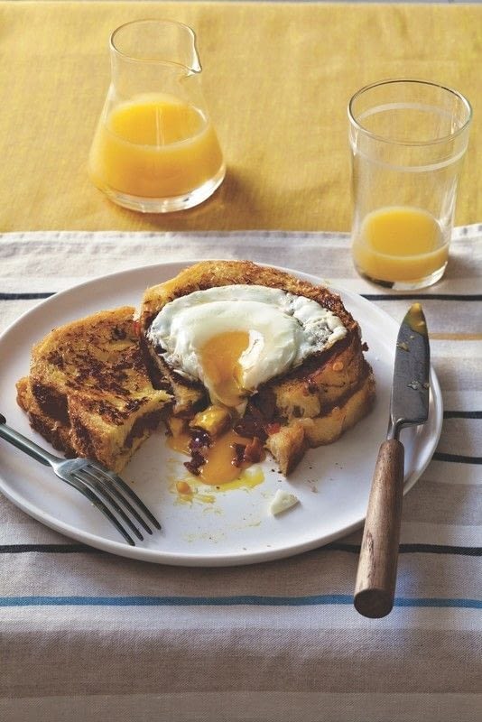 French Toast Stuffed With Bacon, Onion Tomato Jam With Gruyere, And A