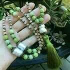 Olive Green Jasper & Pearl Long Mala Necklace