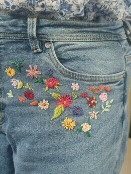 One hour is all it takes to personalize your jeans .  Free tutorial with pictures on how to make jeans in under 60 minutes using jeans and embroidery flosses. How To posted by campaspe.  in the Needlework section Difficulty: Simple. Cost: Absolutley free. Steps: 2