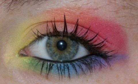 Not even rainbow brite can compare (; .  Create a rainbow eye makeup in under 10 minutes by applying makeup with eyeshadow, eyeshadow, and eyeshadow. Creation posted by ohhhTORI. Difficulty: Simple. Cost: 3/5.