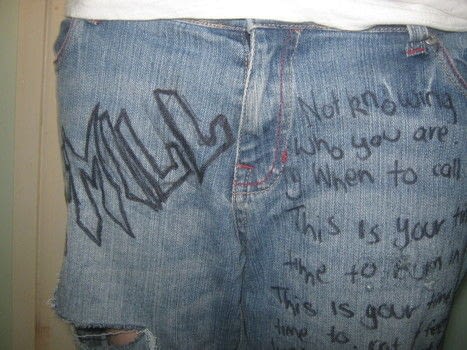 Goatmill (favourite band XD) Distressed Jeans .  Rip a pair of ripped jeans in under 120 minutes by decorating with jeans, permanent marker, and object. Inspired by music & bands. Creation posted by Melvin. Difficulty: Simple. Cost: No cost.